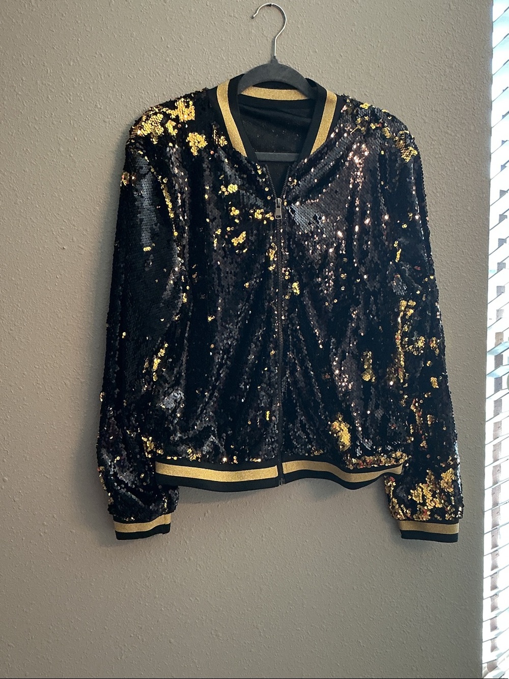 Black & Gold Sequin Bomber Jacket - Women's